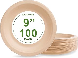 [100 COUNT]Sugarfiber by Harvest Pack 9-inch Round Disposable Compostable Paper Plates, Heavy-Duty Natural Bagasse Biodegradable Plate, Made From Eco-Friendly Sugarcane Plant Fibers
