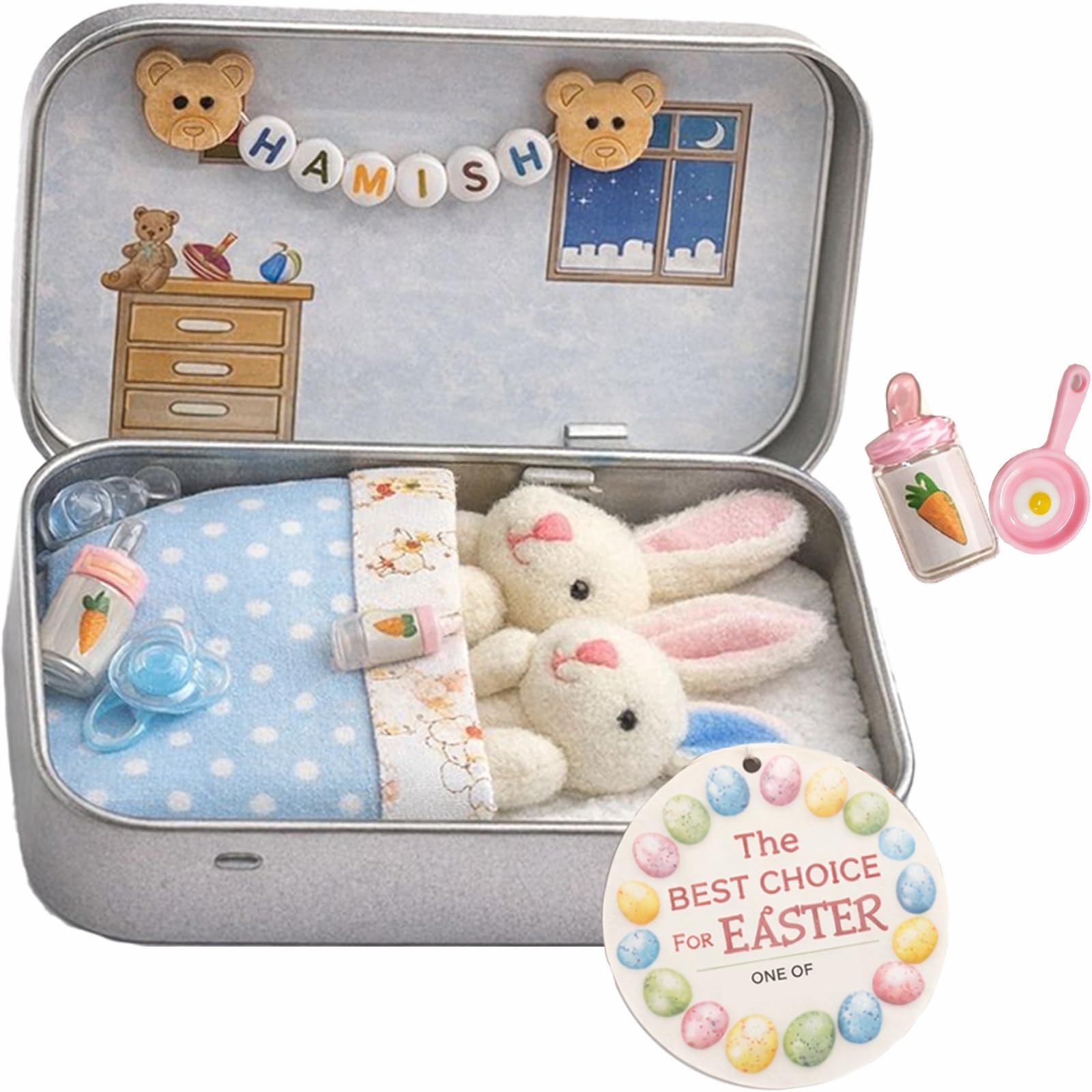 Easter Bunny Toys Hug in a Box, Little Pocket Bunny, Easter Plush Mummy and Baby Bunnies in Pocket Tin, Handmade Soft Rabbit Doll for Role Play Sibling Gift, Colors Mini Cute Toys(Blue)