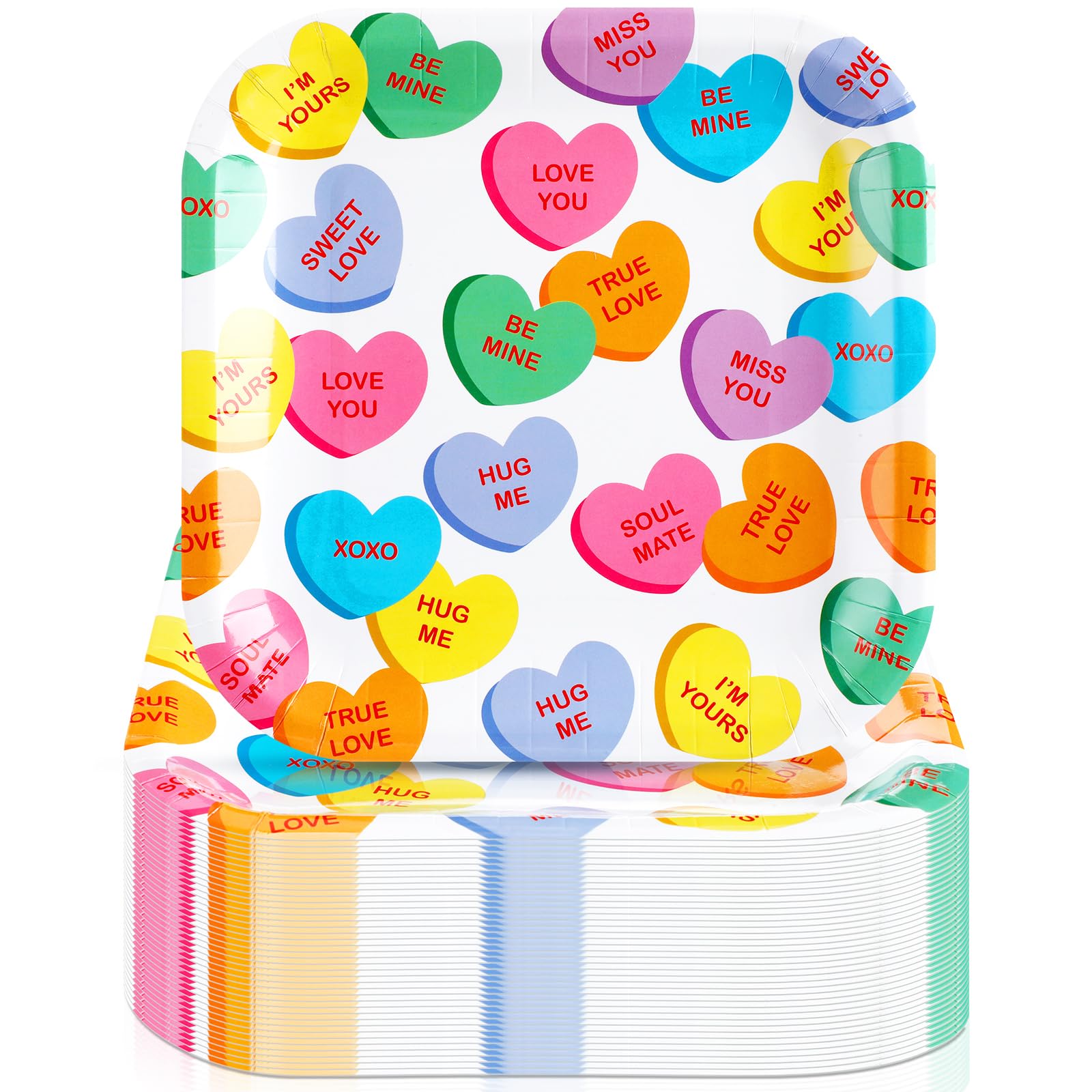 60 Pcs Valentine's Day Dessert Plates 7 Inch Square Disposable Paper Plates Conversation Heart Diamond Dinner Plates for Valentine's Day Party Cake Snack(Conversation)
