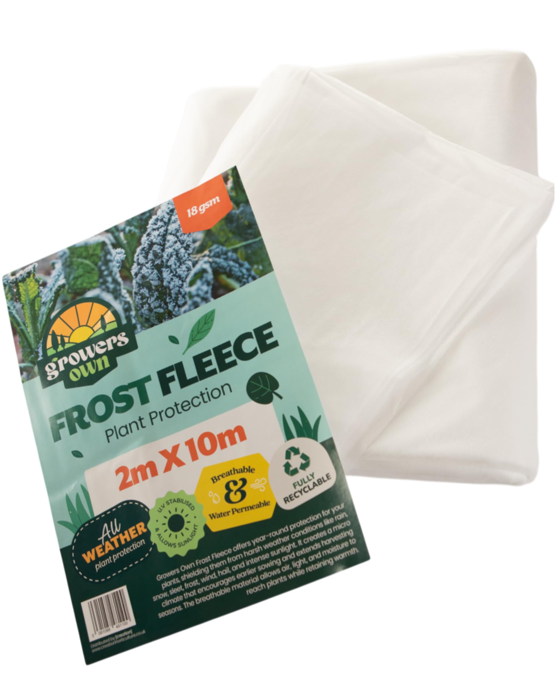 Growers Own Frost Fleece - 2m x 10m All Weather Plant Protection From Rain, Snow, Frost & Intense Sunlight. 18 GSM Crop Cover Made from UV Stabilised, Water Permeable & Breathable Fabric. 1 Pack