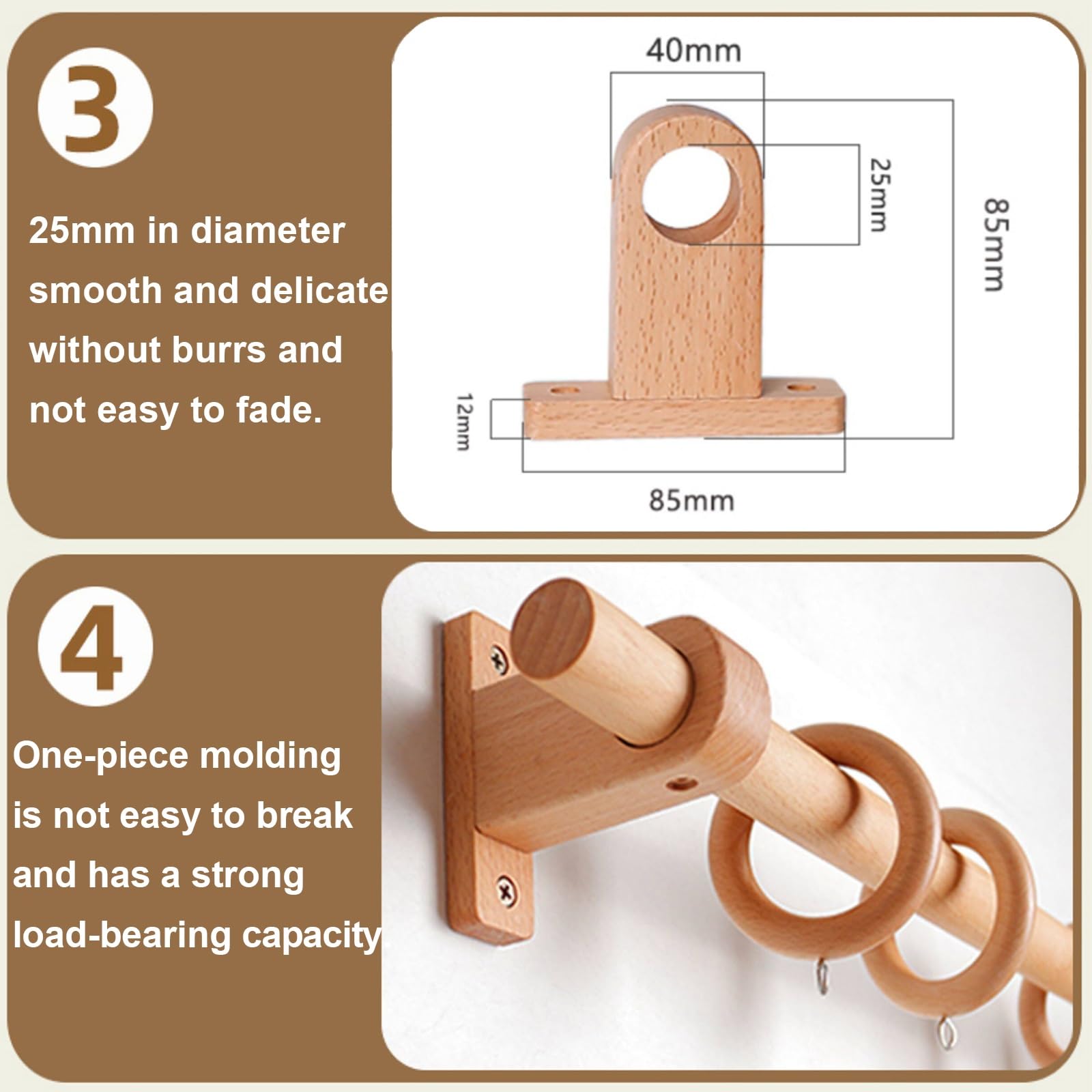 Naturel Tringle Rideau Bois, Tringle Rideau, Diamètre 25 mm, Hêtre Barre de Rideau, Facile à Installer Tringle à Rideaux pour Installation Murale et Plafond(Natural,360cm (3 brackets))