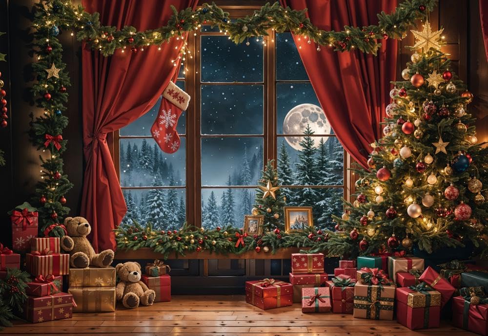 Kate 7×5ft Christmas Backdrop Photography Night View Outside The Window Christmas Tree Gifts Pine Leaf Backdrop Xmas Family Party Banners Photography Studio Props for Photo Videos