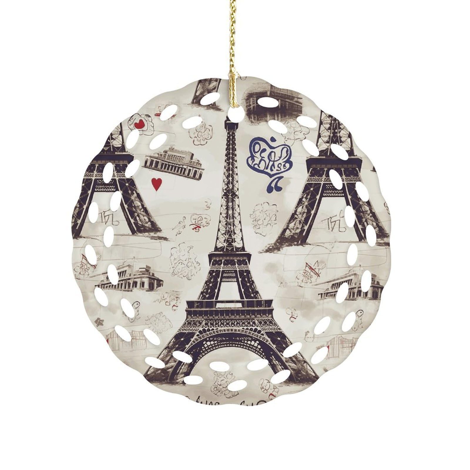Fekiloot Women's Style French Paris Tour Eiffel Tower Ceramic Ornaments 3 Inch Round,Holiday Keepsake For ,Girls,Pet Owners,Hanging Ornament Gifts Idea For Home