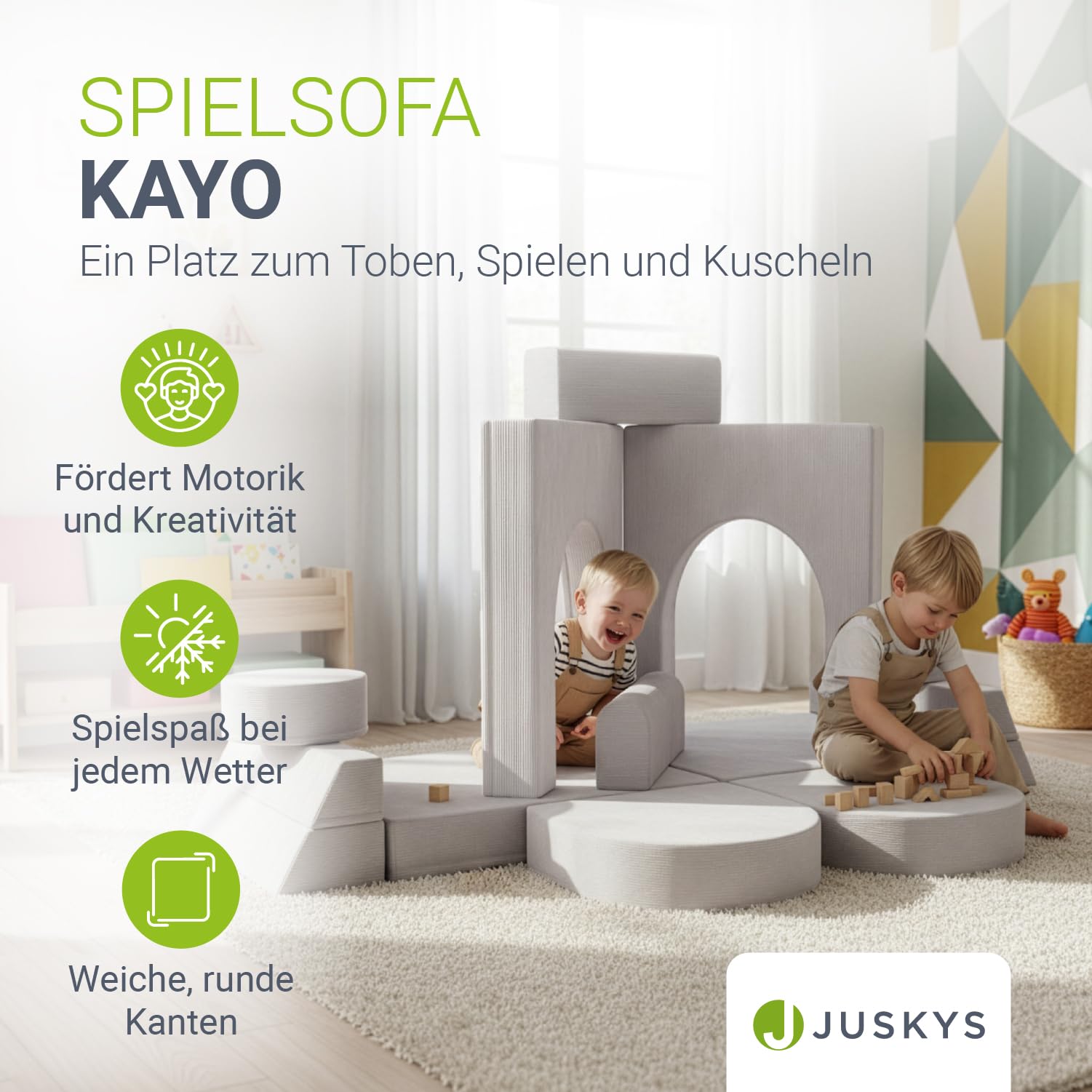 Juskys® Kindersofa Kayo – Cord, modular & weich, Sofa für Kinderzimmer & Spielzimmer, sicher, flexibel, pflegeleicht, mit abnehmbaren Bezügen – Beige