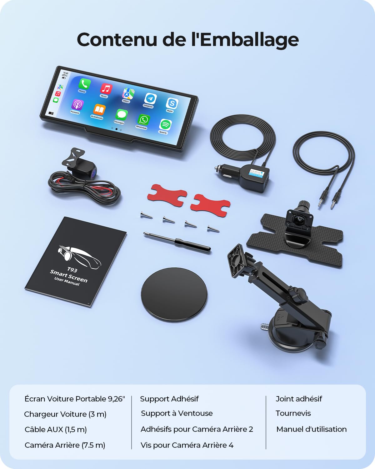 Écran Portable sans Fil 9,26" CarPlay Voiture avec 4K Dashcam & Arrière HD pour Apple Car Play & Android Auto, Mises à Jour OTA, Mirror Link, Bluetooth 5.0, Commande Vocale, GPS, FM