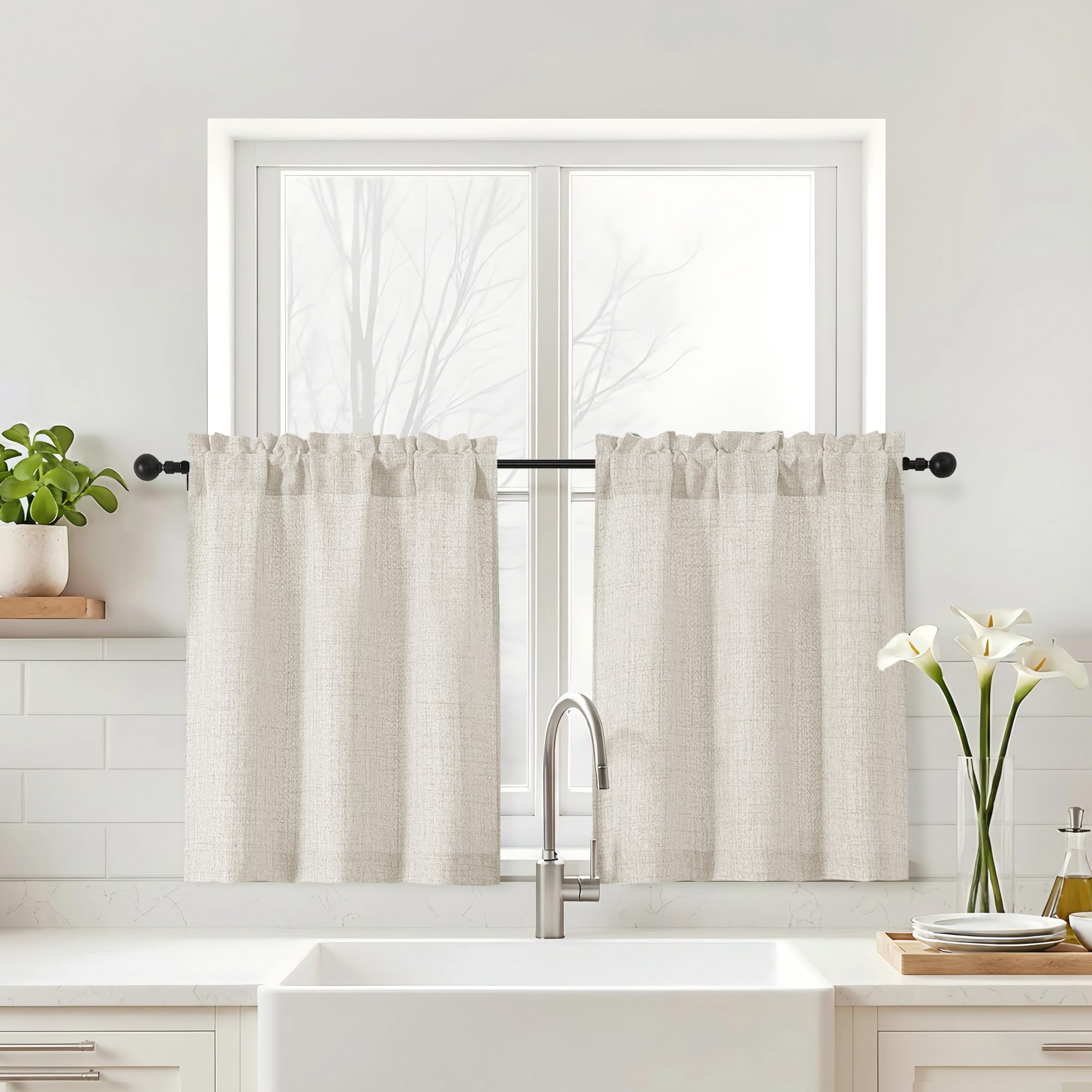 Photo 1 of Ebesto Natural Kitchen Curtains 24 Inch Length - Faux Linen Textured Light Filtering Short Curtains for Bathroom, Rod Pocket Small Kitchen Window Curtains Over Sink, 2 Panels, 30Wx24L Inches