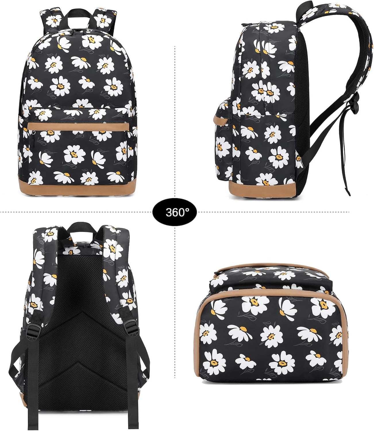 Joyfulife Daisy Printed Girls Backpack with Lunch Box Kids Backpack for School Lightweight Water Resistant Bookbags Set