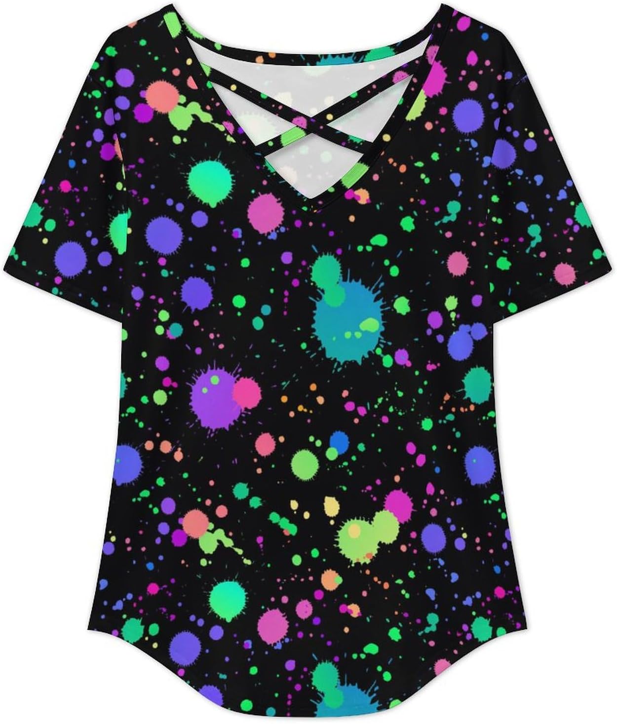 Glow in Dark Splatter Neon Women's Short Sleeve Shirt Tops Loose V-Neck Criss Cross Tees Summer Beach Blouses - Image 6