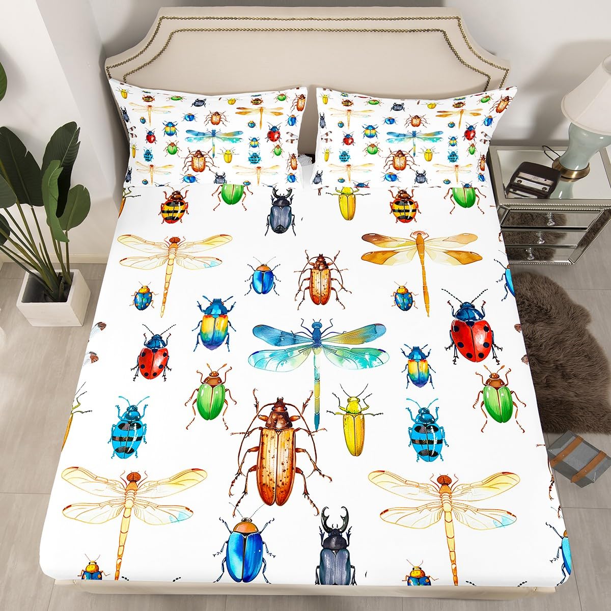 Erosebridal Kids Dragonfly Sheet Set Full Size Ladybug Fitted Sheet Dragonfly Gifts for Women,Reptile Bedding Set for Boys Girls Children Colorful Bed