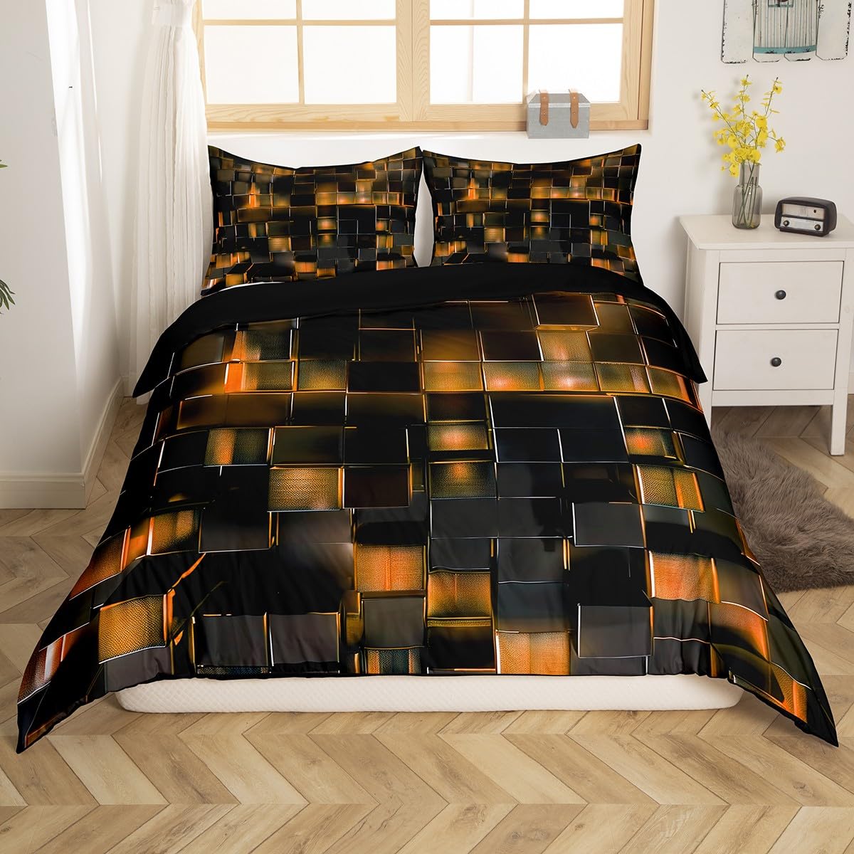 Homewish Black Pastel Orange Duvet Cover Modern Geometric Comforter Cover Gradient Neon Cubes Boys King Size Bedding Set,Abstract Square Grid Bed Set Lattice Wall Brick Decor - Image 2