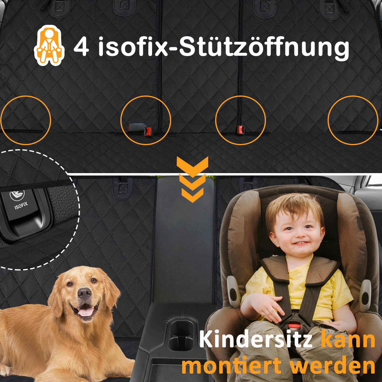 Angooni Auto Hundedecke Rücksitz - Hundedecke Auto Rückbank mit Isofix für Kindersitz (135×120cm) - Wasserdicht, Rutsch, Kratzfeste Hundeschutz Auto Rückbank - Rückbank Hundeschutz Universelle