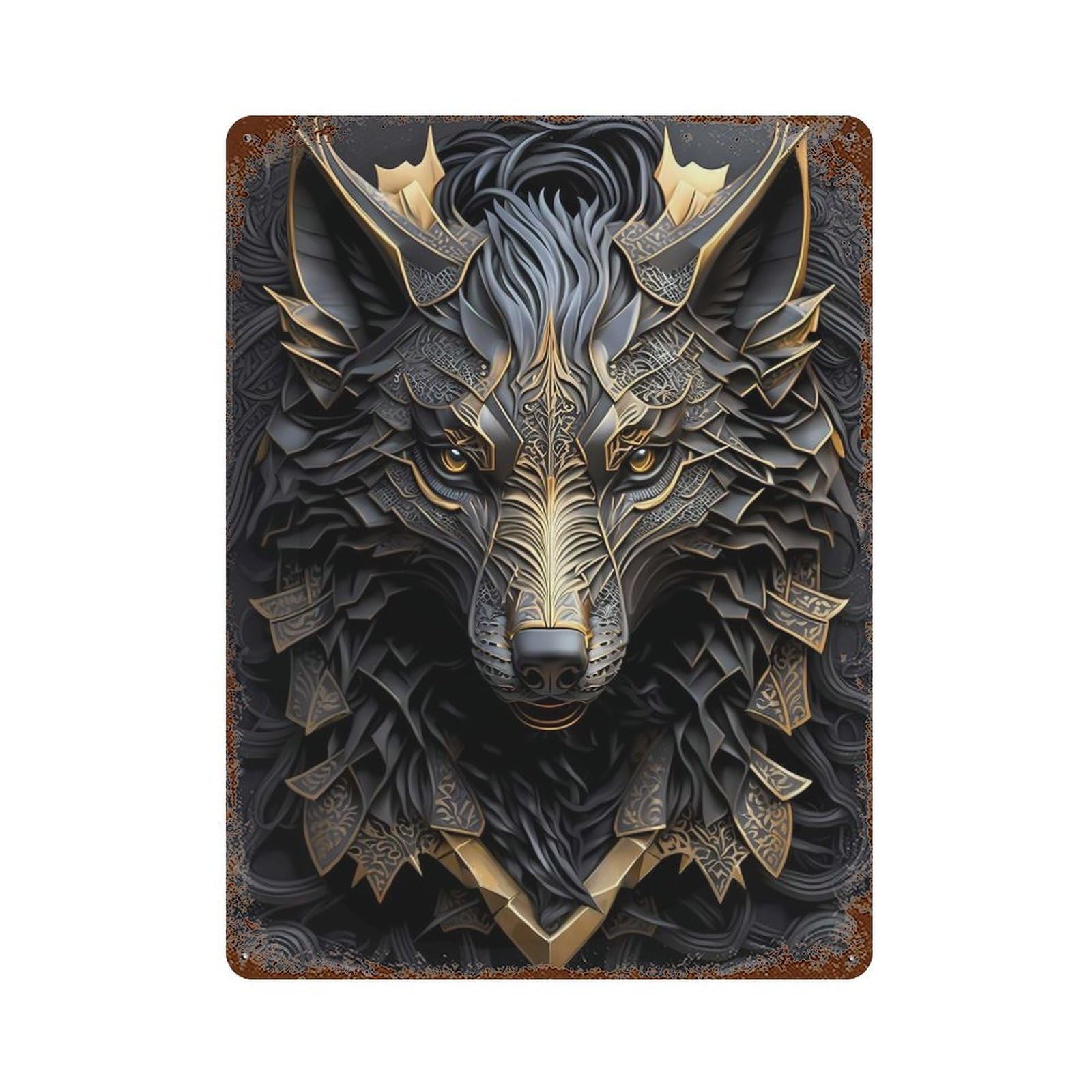 Elegant Golden Wolf Art Rust Effect Tin Sign 15.7"x11.8", Vintage Wall Decor for Pub, Kitchen And Man Cave Decor