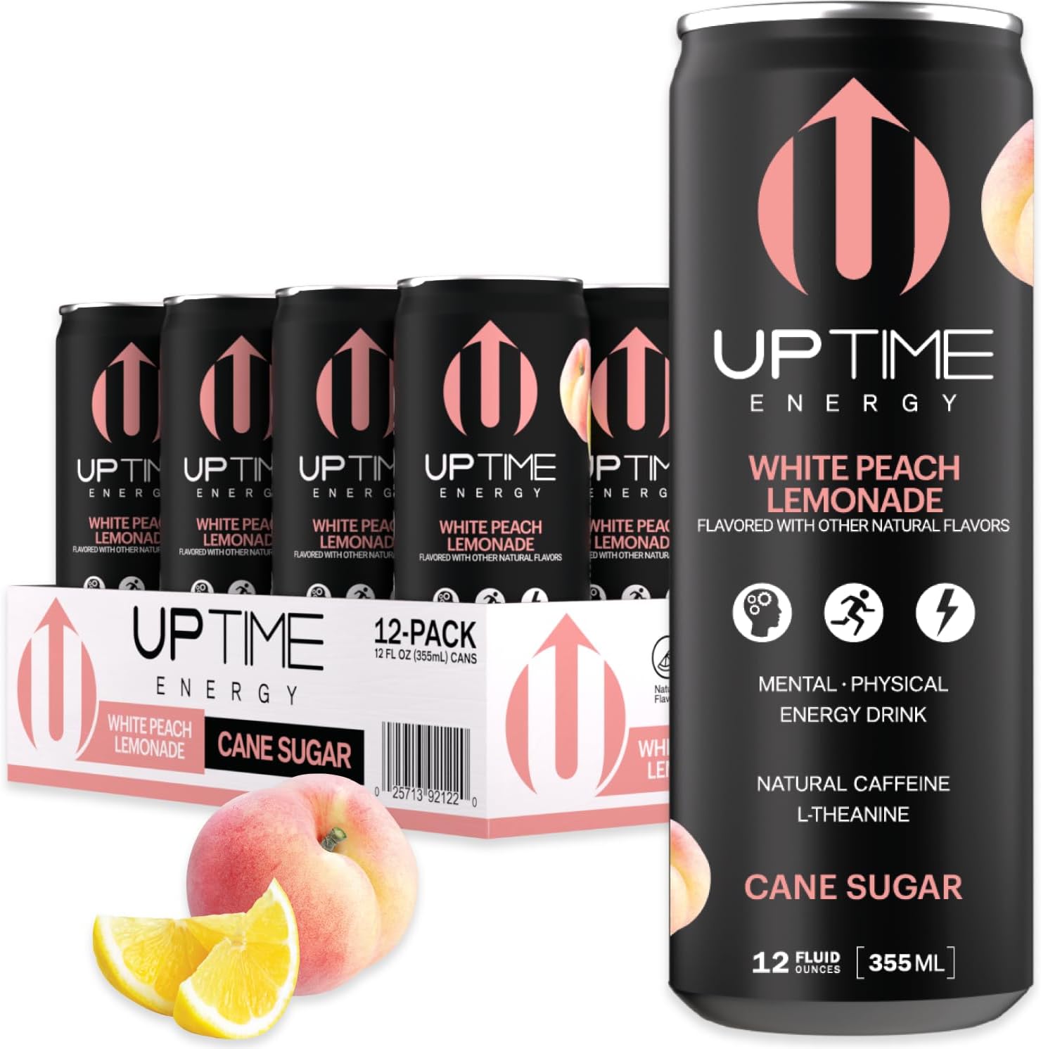 UPTIME Energy – White Peach Lemonade - Cane Sugar (12 Pack), Premium Energy Drink, 12oz Cans, Natural Caffeine, Sparkling, Natural Flavors