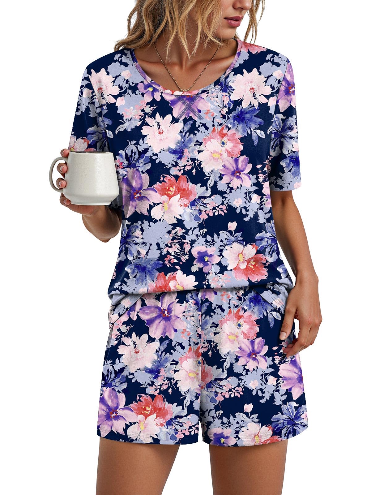 Findsweet Pajama Set for Women 2 Piece Lounge Set Soft Sleepwear Summer Casual Short Pjs Sets with Pockets M-3XL