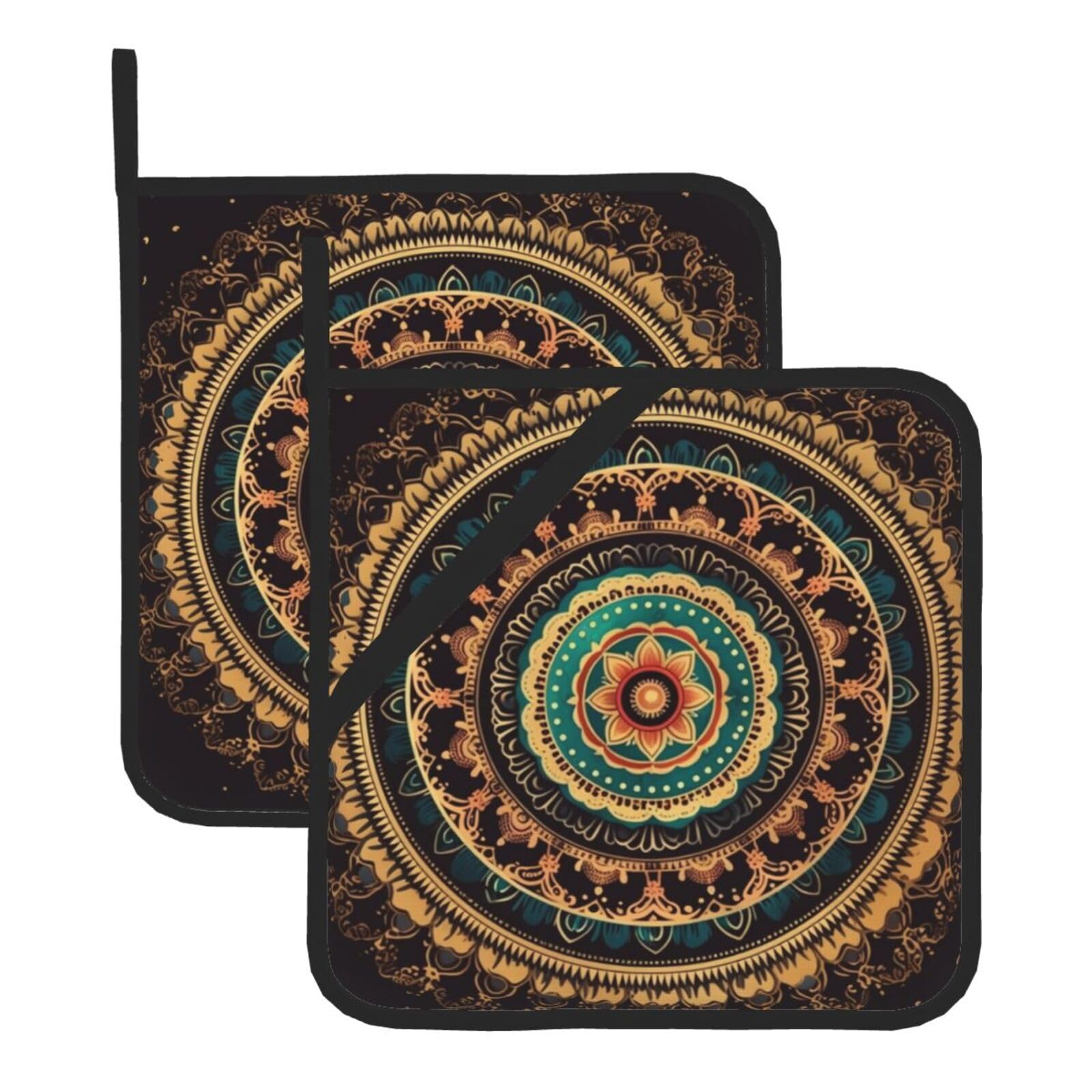 2 Pack Mandala Pot Holders for Kitchen Heat Resistant Pot Holders with Pocket Oven Potholders Washable Hot Pads for Cooking Baking Oven Pans Trivet 8x8 Inches