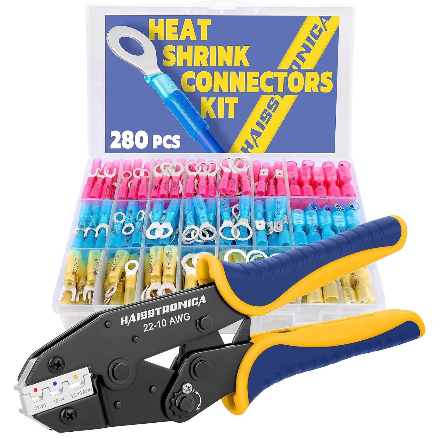 haisstronica 280PCS AWG 22-10 Marine Grade Heat Shrink Wire Connectors-Electrical Connectors Kit of Tinned Red Copper & Crimping Tool For Heat Shrink Connectors-AWG 22-10 Ratchet Wire Terminal Crimper