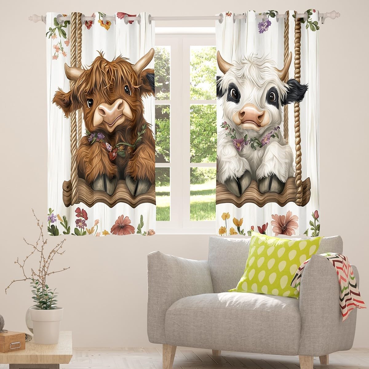 Erosebridal Kawaii Highland Cow Curtains, Cattle Wooden Swing Insulated Window Treatments For Kids Boys Girls, Flower Farmhouse Window Treatments, Cute Animals Window Curtains, 2 Panels, 38"W x 54"L