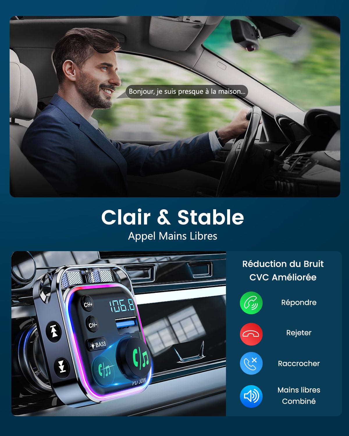 LENCENT Transmetteur FM Voiture, Allume Cigare Bluetooth 5,3 Émetteur Radio, Chargeur Rapide PD 30W & QC3.0 18W Hi-FI, Appels clairs Adaptateur pour