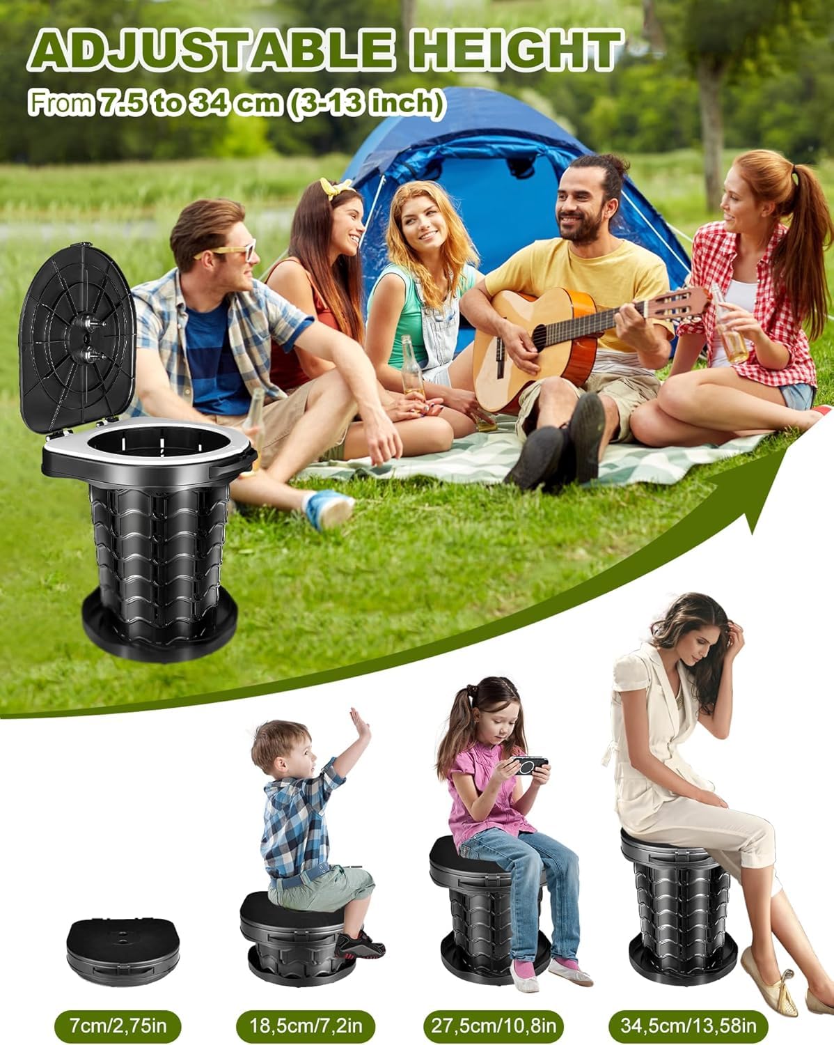 Campingtoilette Faltbar mit Toilettenbeutel, Campingklo mit Deckel, Mobile Toilette Höhe 34cm, Tragbar, Stabil, Max 400 Lbs, für Outdoor-Camping, Grillen, Reisen, Angeln, Strand, Selbstfahren