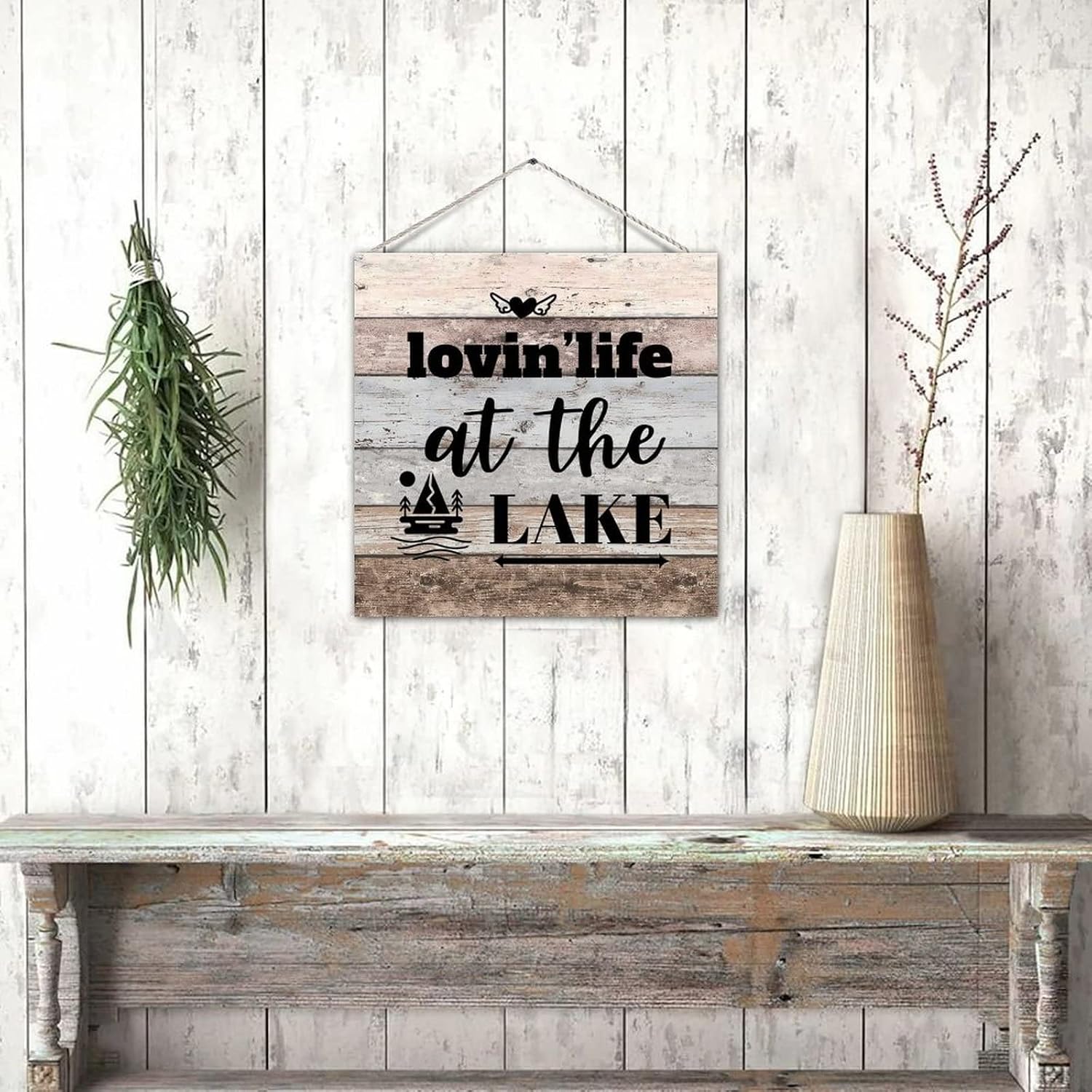 Antique Wood Pallet Sign Love Life at The Lake Wood Wall Pediment Wall Pediment Country Wood Plank Hanging Sign for Deck Yard Lake House Wall Decorations 12x12in