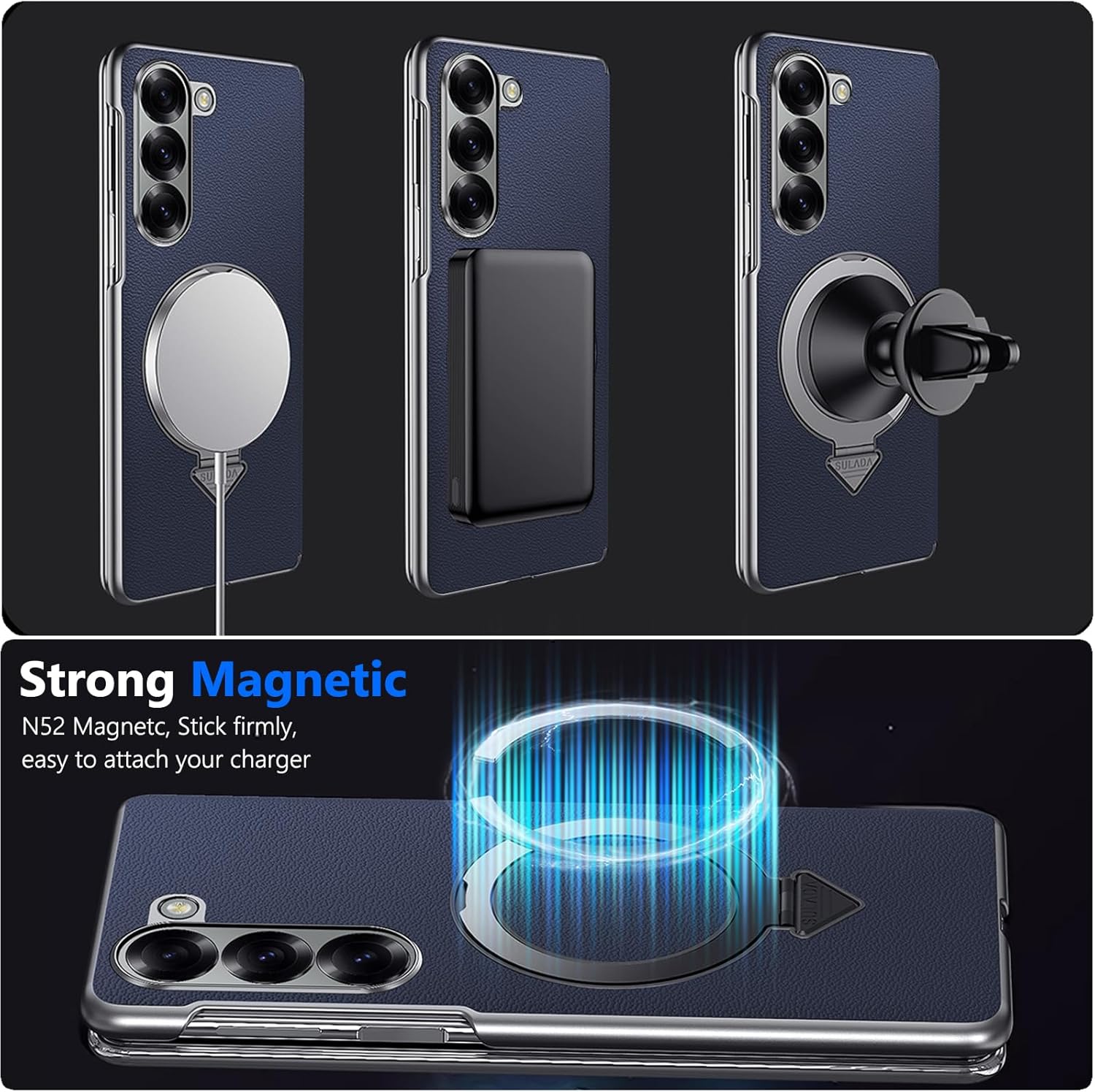 for Samsung Galaxy Z Fold 7 Case with Ring Stand, [ONLY Back Case] Genuine Leather Magnetic Case Compatible Magnetic Accessorie Hinge Protector Cover Slim Leather Back Cover for Z Fold 7 Blue