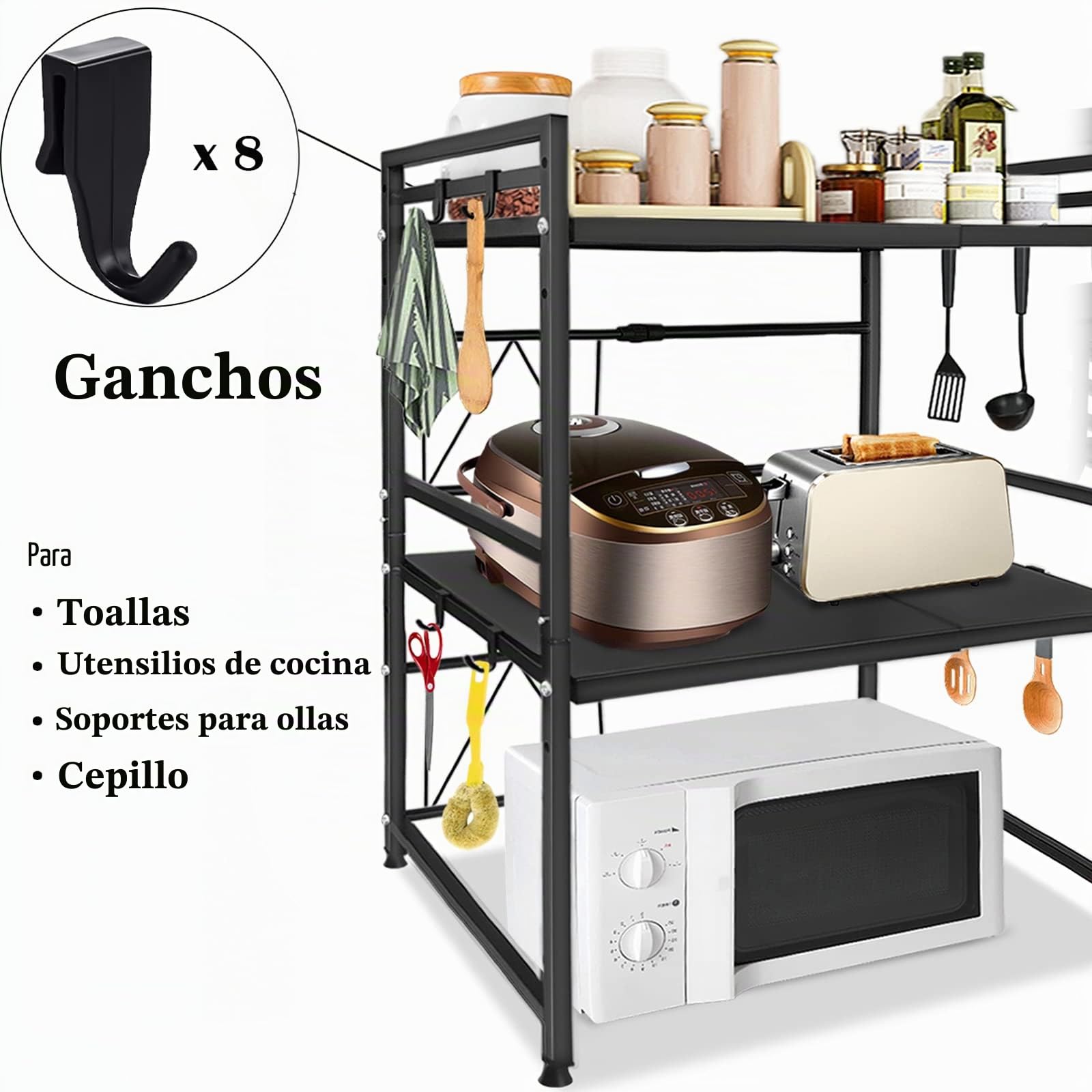 NAIZY Estante para microondas Estante extensible de 3 niveles de cocina Estante de pie con 3 ganchos Organizador de estante de cocina para encimera de cocina y almacenamiento, negro