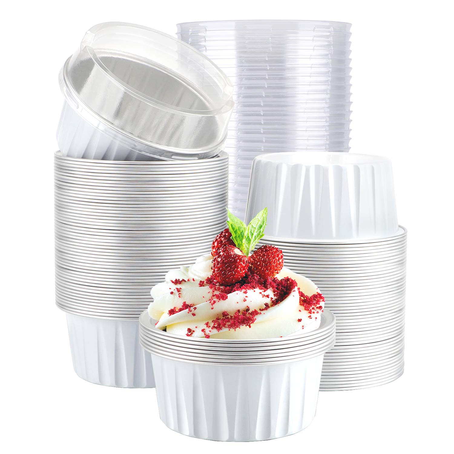 Foil Cups with Lids, Eusoar 5oz 100pcs Disposable Desserts Flan, 125ml Baking Cups with Lids, Aluminum Foil Desserts Cupcake Flan, Catering Gathering