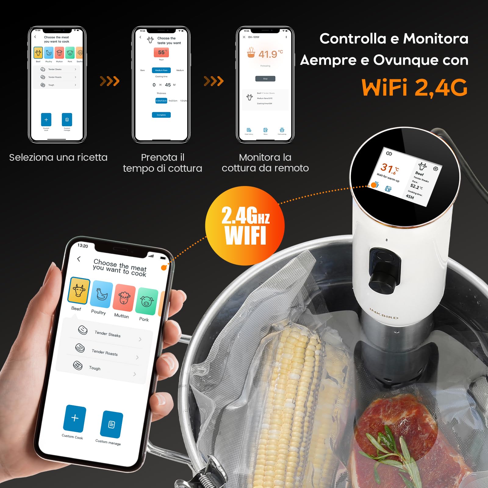 INKBIRD Wifi Sous Vide Roner 1000W 0-90℃ Cottura Bassa Temperatura TFT