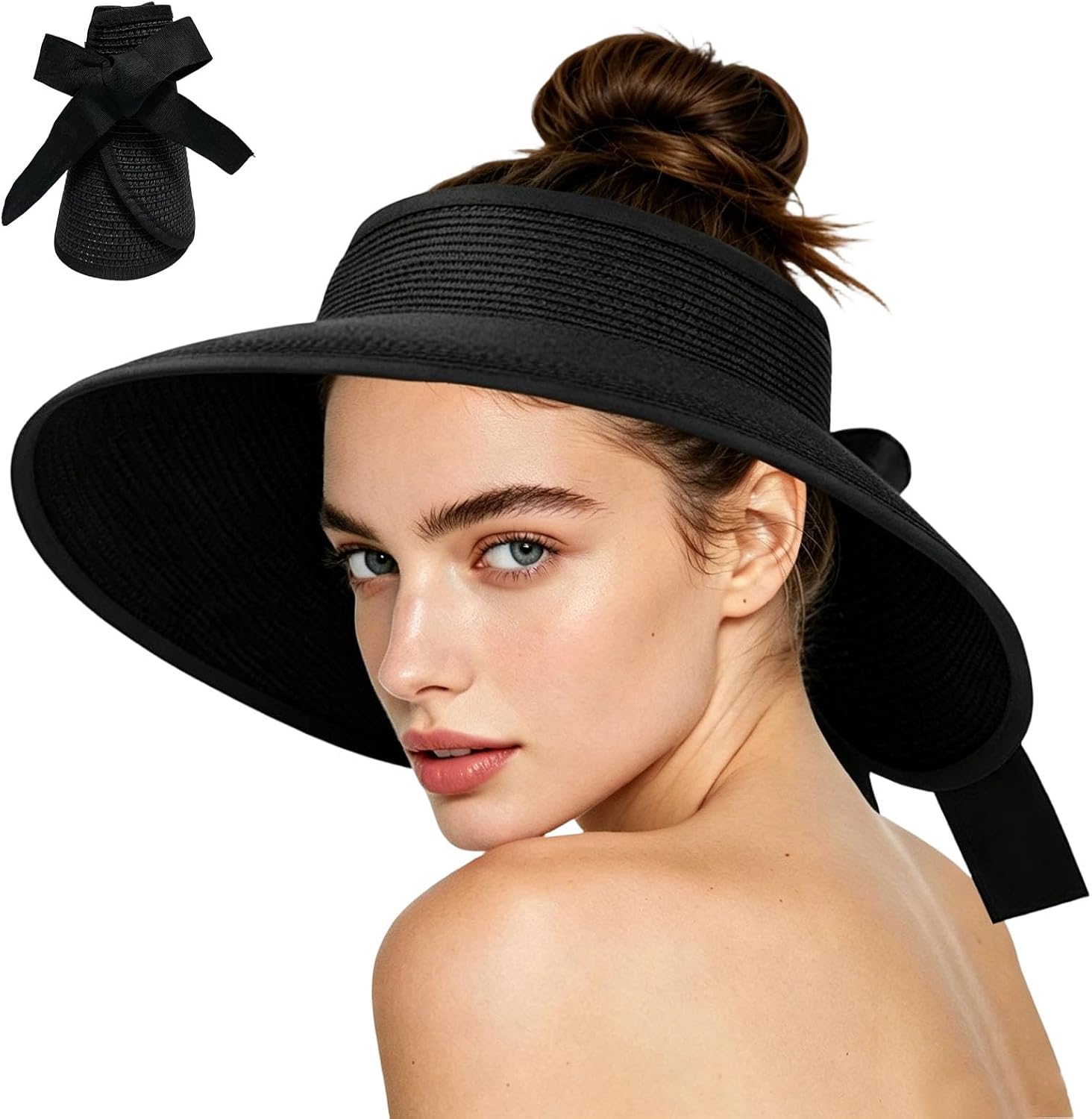 Beach Sun Visor Hats for Women, UV UPF Wide Brim Straw Sun Visor Hat Adjustable Bow Tie Beach Visor for Garden Beach Swimming
