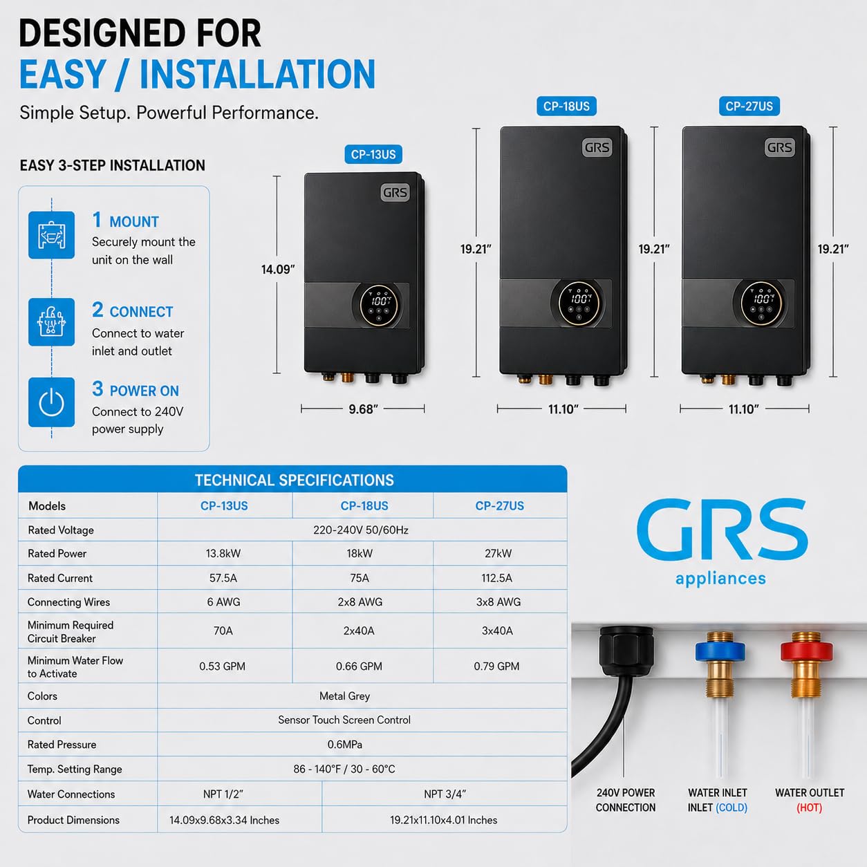 GRS Calentador de agua eléctrico sin tanque 13 KW 240 V, calentador de agua caliente instantáneo para toda la casa con pantalla digital, ducha y cocina