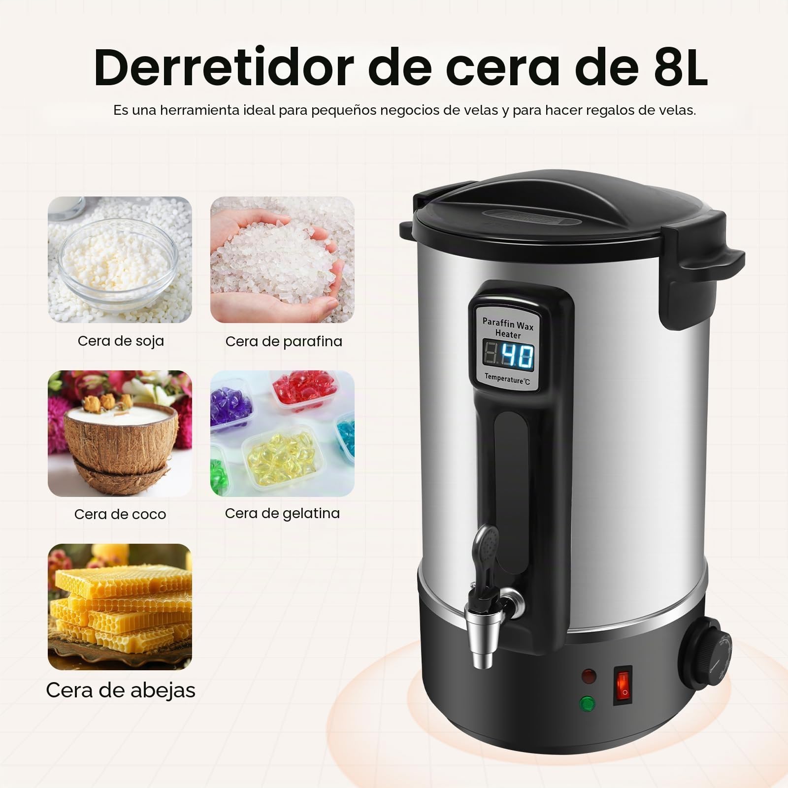 DAOHHFO Fusor de Cera para Velas 8L, Kit de Fabricación de velas con Boquilla Vertedora, cuchara mezcladora y Control de Temperatura, acero inoxidable, fácil de limpiar para velas, jabón