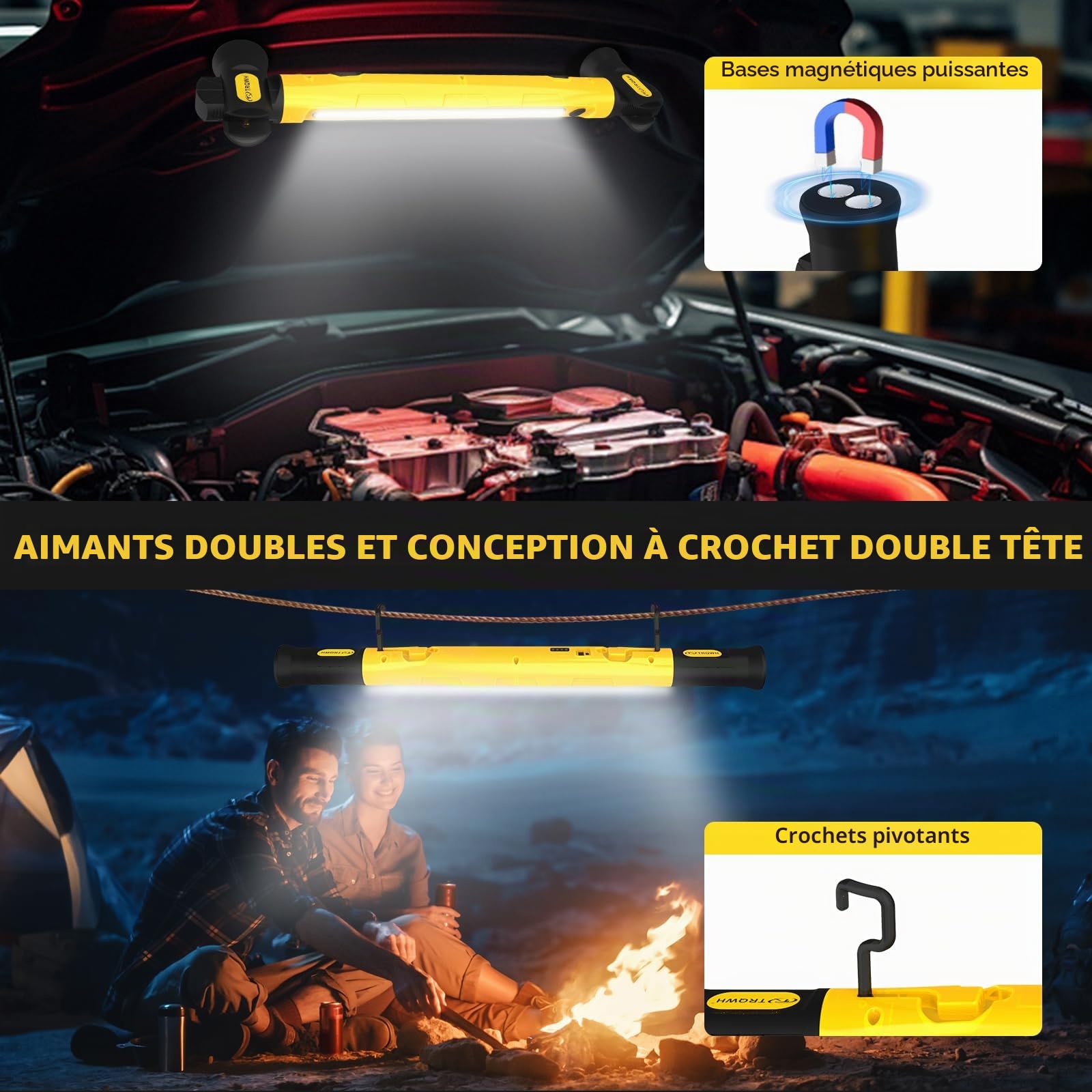 TRQWH Lampe de travail 3200LM LED, 6000mAh rechargeable, portable, magnétique, lumière d'urgence avec crochets pour réparation de voiture, garage, atelier, camping, jaune