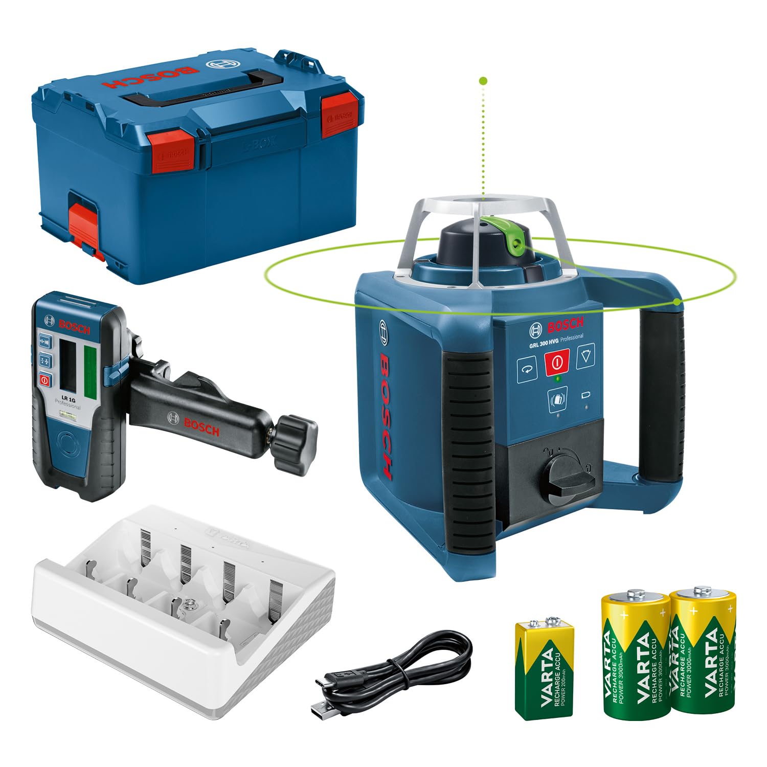 Bosch Professional Laser obrotowy GRL 300 HVG (zielona wiązka, odbiornik laserowy LR 1 G, zasięg pracy: do 300 m (średnica), akumulatorki ładowane (2xD, 1x9V), ładowarka, L-Boxx)