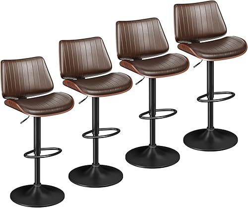 Miniatura 30 de Juego de 2 Taburetes de Bar, Taburetes de Bar para Isla de Cocina con Respaldo de Madera Curvada y Asiento de Cuero, Taburetes Giratorios para Marrón