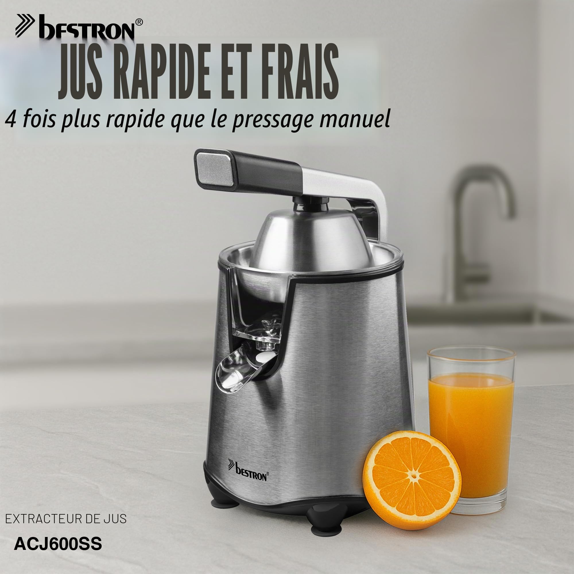 Bestron Presse-agrumes électrique, presse-agrumes orange avec fonction arrêt du bec verseur et infuseur à fruits en acier inoxydable avec 2 cônes capacité 450 ml, levier de pression souple pour une