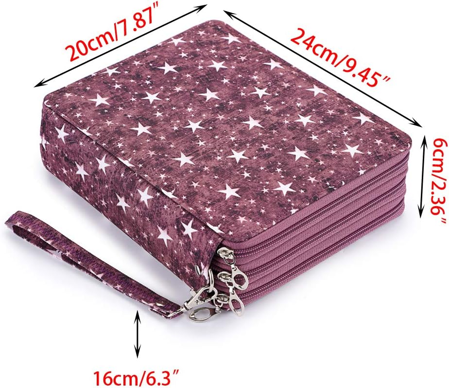 BTSKY Colored Pencil Case- 120 Slots Pencil Holder Pen Bag Large Capacity Pencil Organizer with Handle Strap Handy Colored Pencil Box with Printing Pattern Purple Star