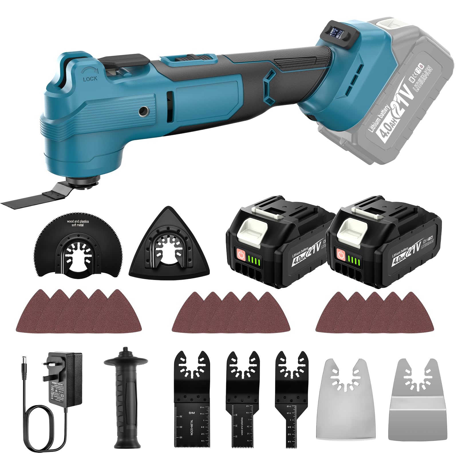 blayram Cordless Oscillating Multi Tool Compatible with Makita 18V Battery, Brushless Multitool with 2 * 4.0Ah Batteries, 6 Variable Speed, 23Pcs Accessories for Separating, Grinding and Scraping