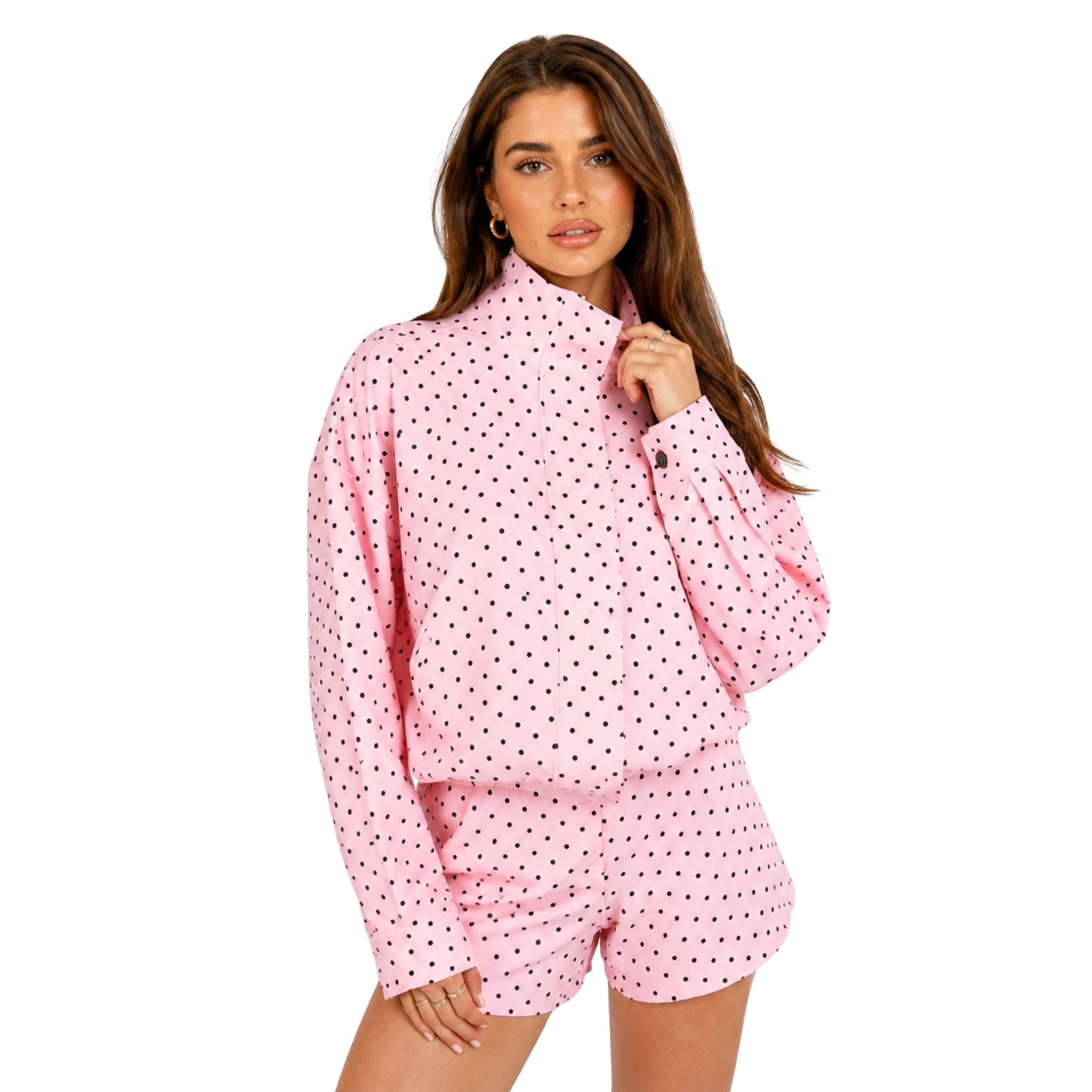 janisramone® Letni dres damski pełny zestaw, kurtka z wysokim dekoltem w kropki z pasującymi szortami damskie zestawy odzieży wypoczynkowej, zebrane rękawy mankietowe top i szorty dwuczęściowy strój