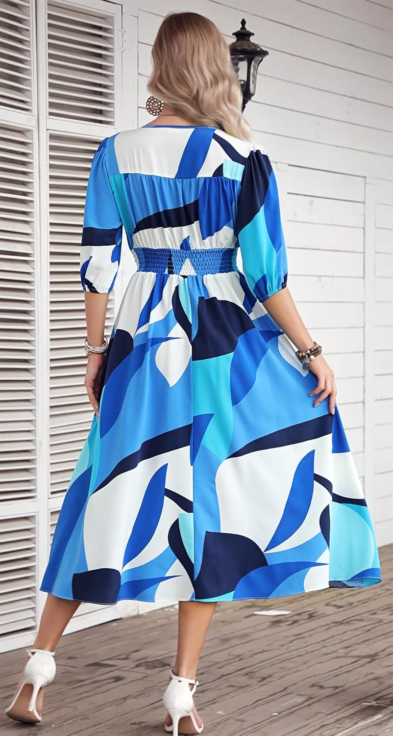 Kormei Women Casual Boho V Neck 3/4 Sleeve Smocked Waist A Line Flowy Swing Midi Dress Smocked Long Dress - Image 4