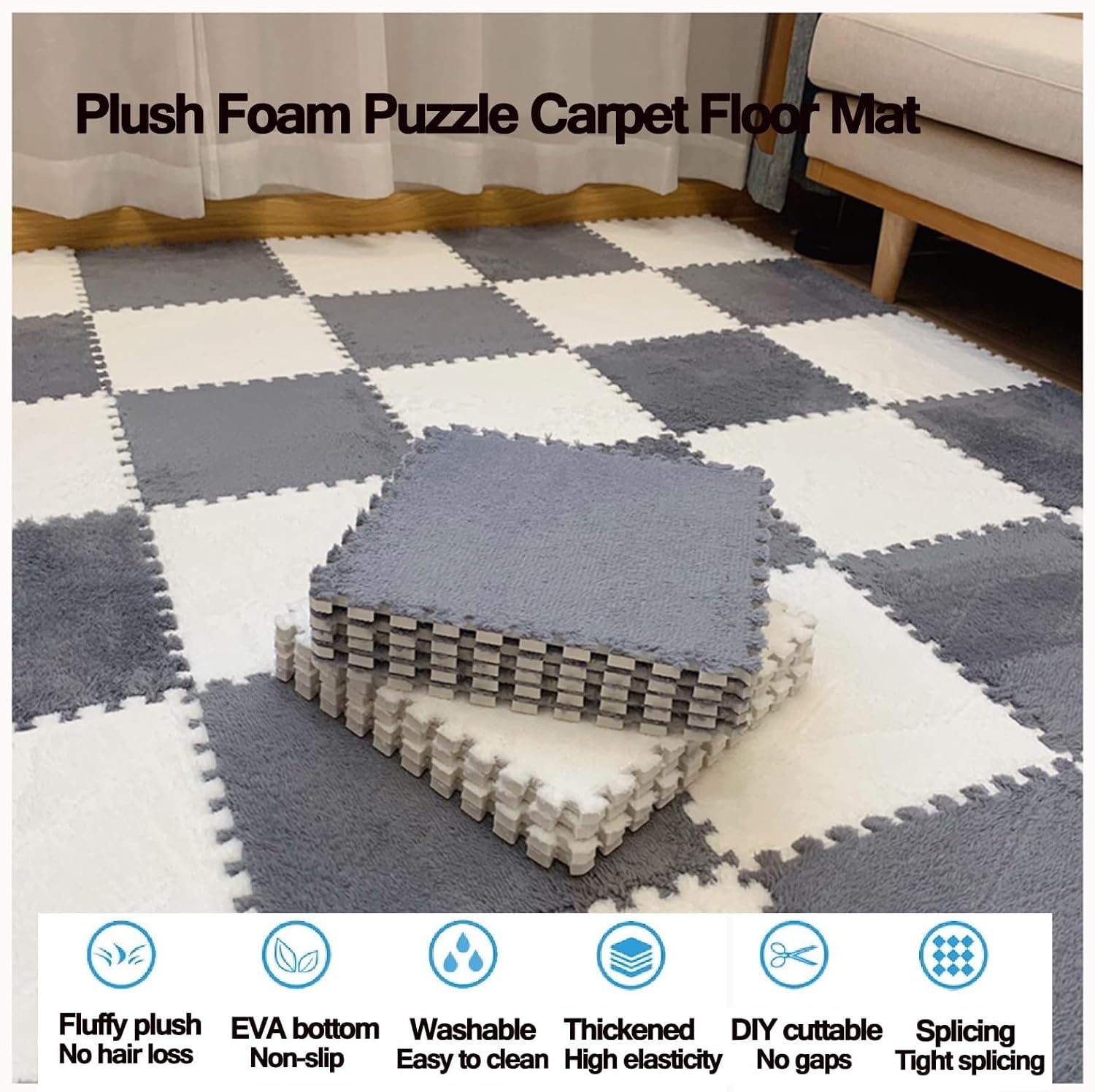 40pcs Shaggy Interlocking Foam Carpet Tiles Soft Thick 0.4" Fluffy Plush Foam Floor Mat Non-Slip Carpet Puzzle Mats(Apricot+Light Brown)