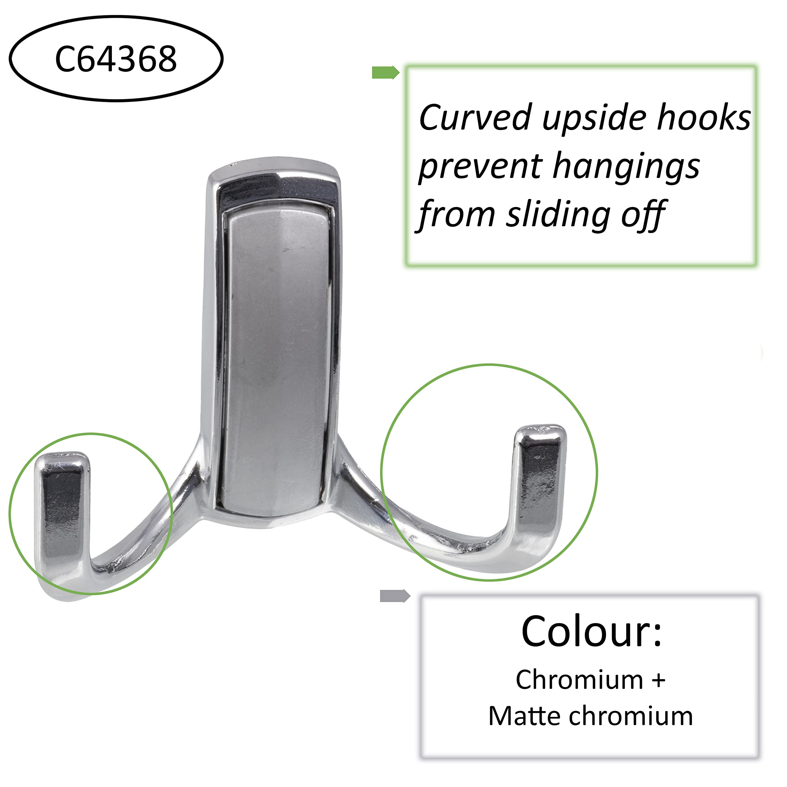 AERZETIX - C64368 - Set of 5 Double Wall Hooks 60 x 76 x 30 mm - Coat Hook/Hanger Hat Bathrobe Bathroom Shower Towel Toilet - Chrome Finish + Matt Silver