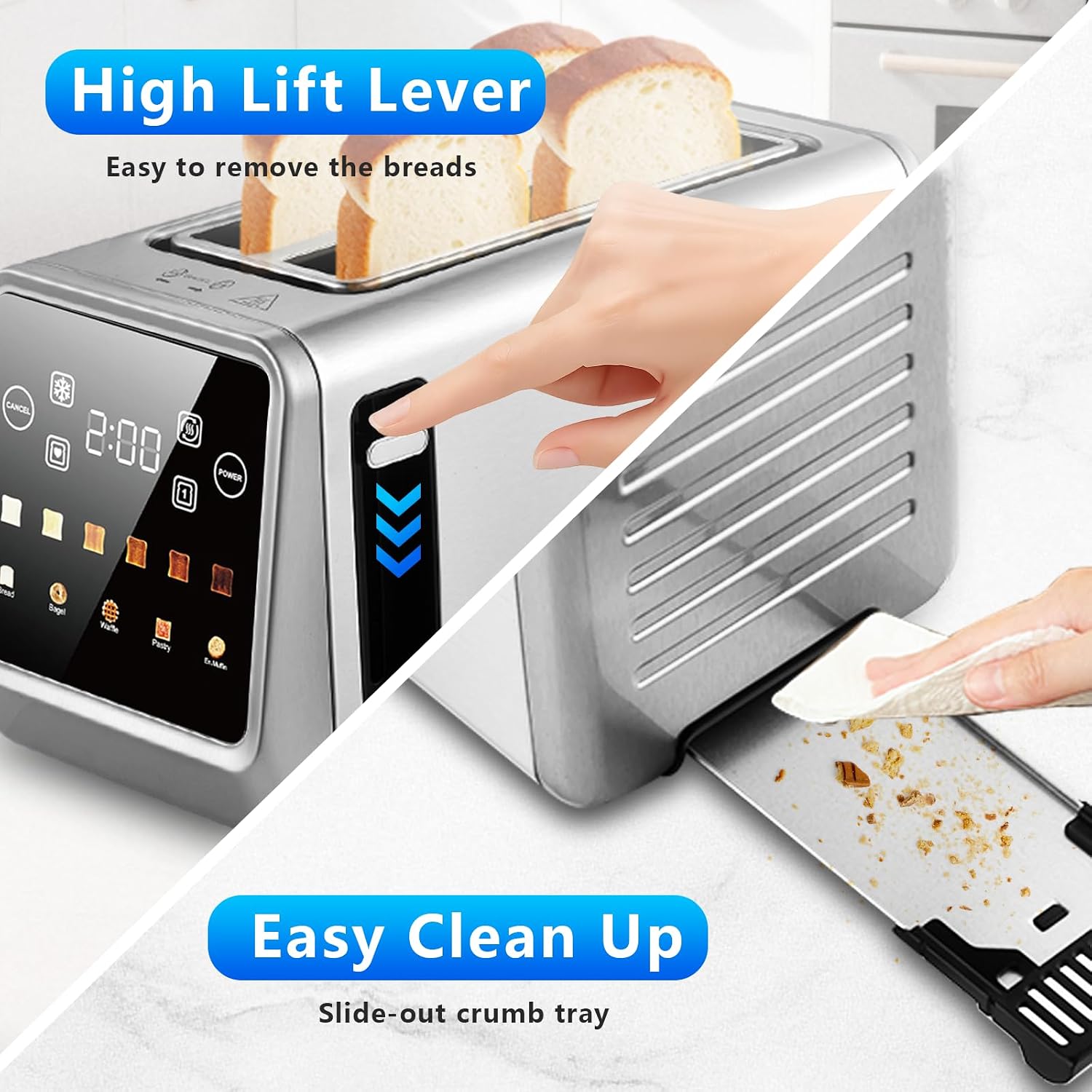 SAKAMOSH 4 Slice Smart Touch Toaster with Wide Slots for Bagels | 1400W Even Toasting, Wide & Long Slots, Timer, Single Slice Toasting, Reheat, Defrost, 6 Browning Levels for Bagel Waffle