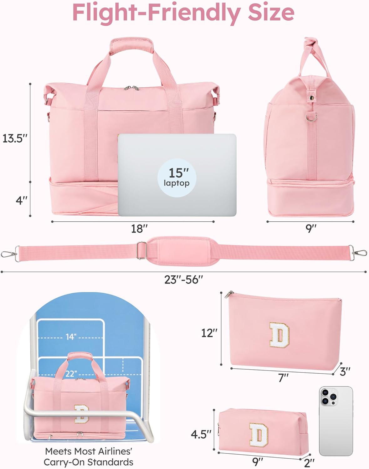 Personalized Initial Travel Duffle Bag for Women, Dance Bags with Foldable Shoe Compartment, Carry-On Weekender Duffel, Gifts for Teenage Girls, Water Resistant, Pink Letter D