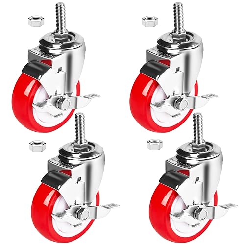 Miniatura 10 de Ruedas giratorias de acero inoxidable de 4 pulgadas para trabajo pesado, ruedas de vástago roscado de 1/2"-13x1-1/2 con freno lateral, resistentes a