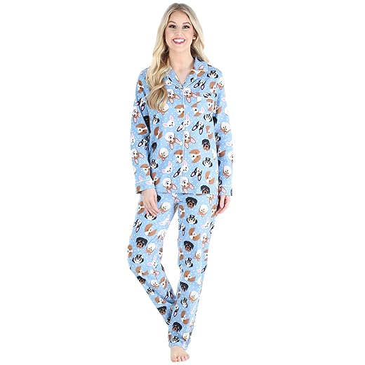 PajamaMania Women's Cotton Flannel Long Sleeve Button-Down Pajamas PJ Set, Blue Dogs, Medium