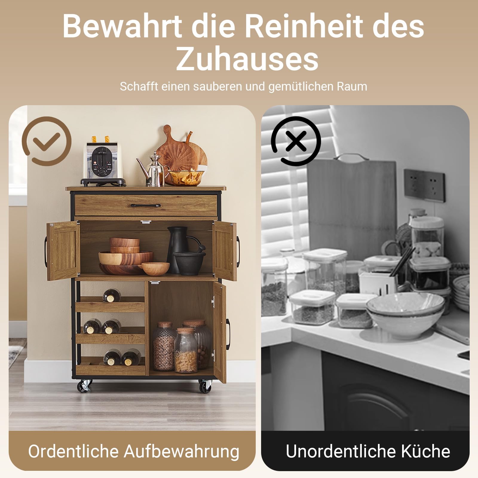 SoBuy Servierwagen mit Rollen Küchenwagen mit Arbeitsplatte Rollwagen mit Schubladen, Weinregal Kücheninsel Küchenregal stehend Möbel für Küche, Esszimmer & Outdoor Vintagebraun 67x88x37cm FKW134-N
