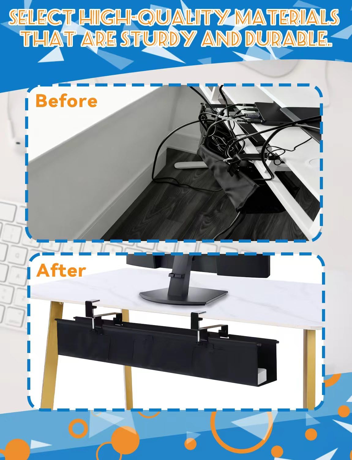 Bandeja de gestión de cables para debajo del escritorio sin taladrar, organizador de cables debajo del escritorio, organizador de cables de montaje con abrazadera/tornillo, ocultador de cables