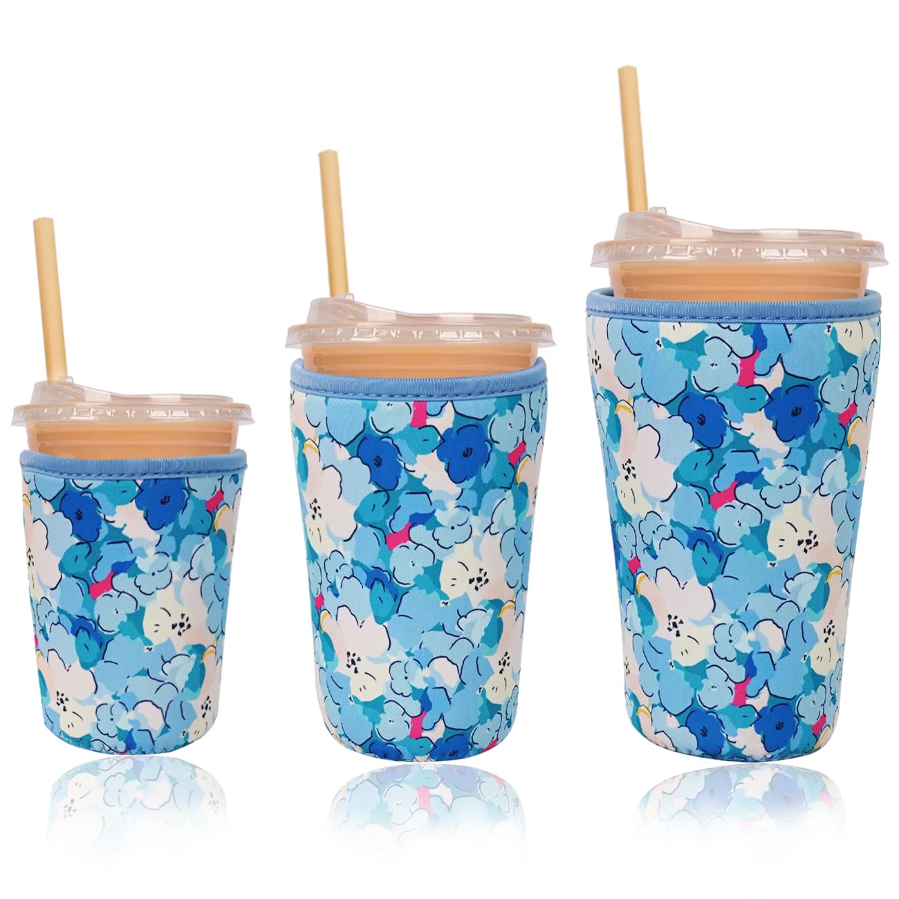 Reusable Insulated Neoprene Iced Coffee Cup Sleeve, Durable Drink Sleeve for Cold Beverages, Beverage Holder for Iced Coffee (Misty Blossom)
