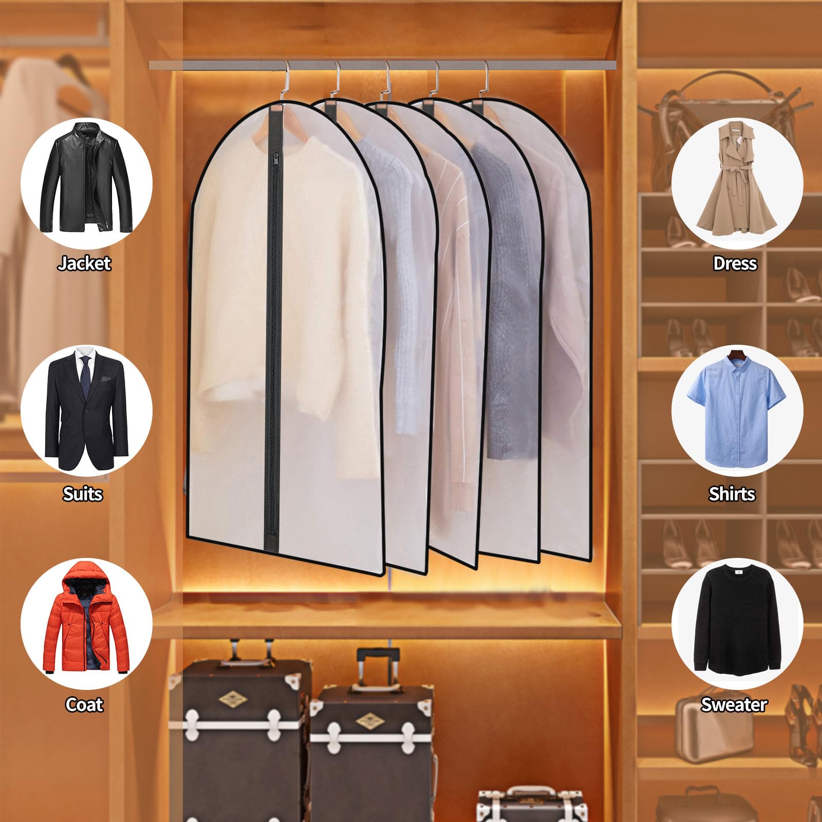 Garment Bags Dustproof Clothes Covers PEVA translucent cover 6 pieces 60 * 100cm black Mite-proof, waterproof - Image 3