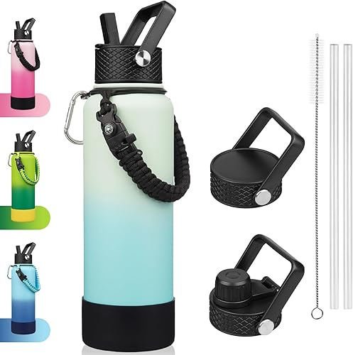 Miniatura 27 de BJPKPK Botella de agua aislada con tapa con popote, frascos térmicos de 22 onzas con 3 tapas, mango de paracord y bota antideslizante, vasos de